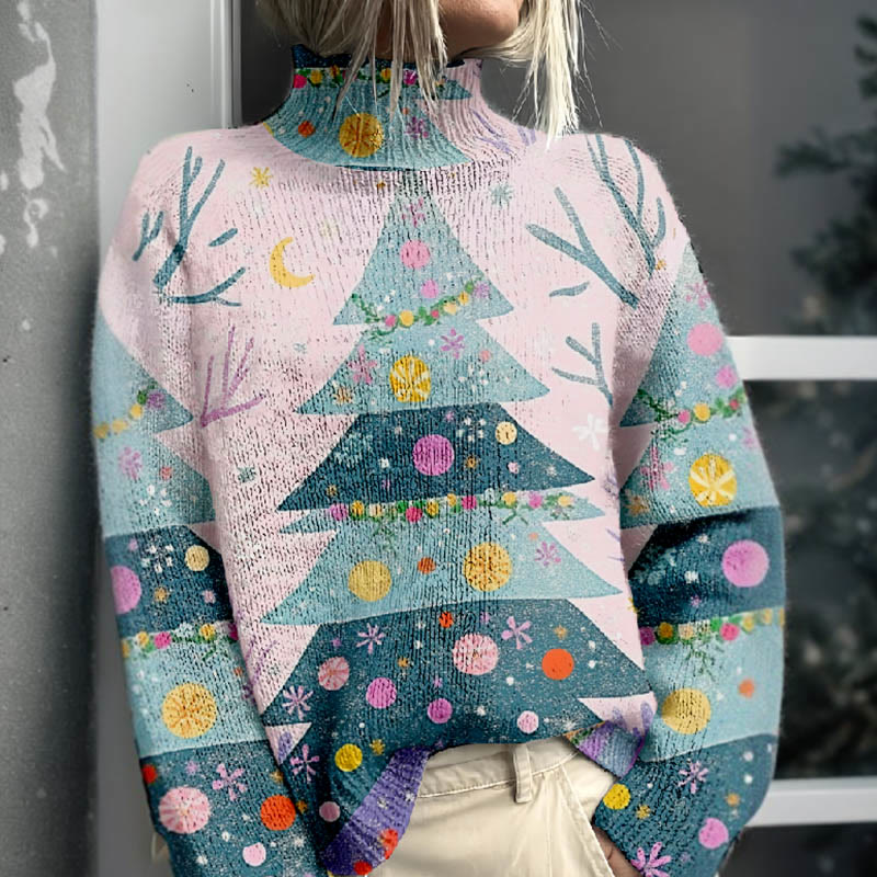 Women's Cute Cartoon Christmas Tree Print Turtleneck Pullover Sweater - image 2