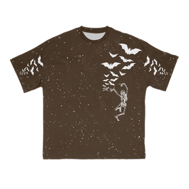Unisex Dancing Skeleton Bats Halloween Print T-shirt - Coffee - 8XL - image 7