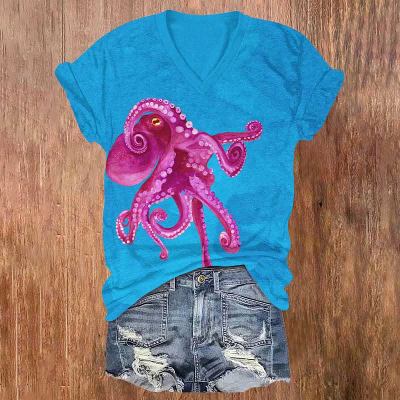 Ocean Artistic Octopus Print V-neck T-shirt - Lake Blue - US32-34(5XL) - image 3