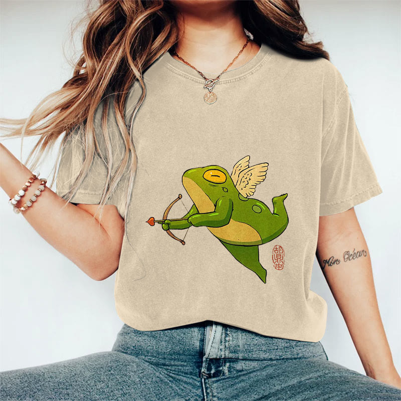 100% Cotton Funny Frog Cupid Art Print Casual T-shirt - Apricot - 2XL - image 3