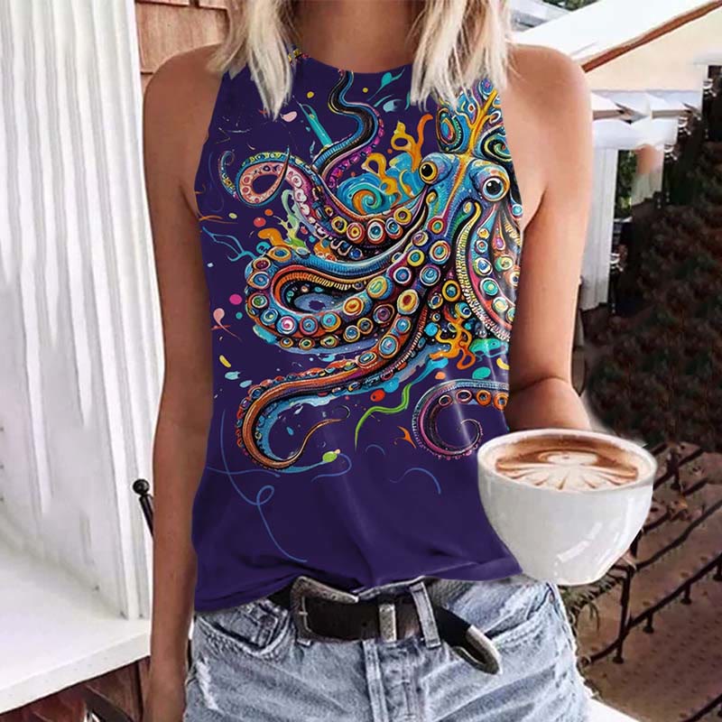 Vintage Rainbow Octopus Art Print Crew Neck Tank Top - Royal Blue - 5XL - image 6