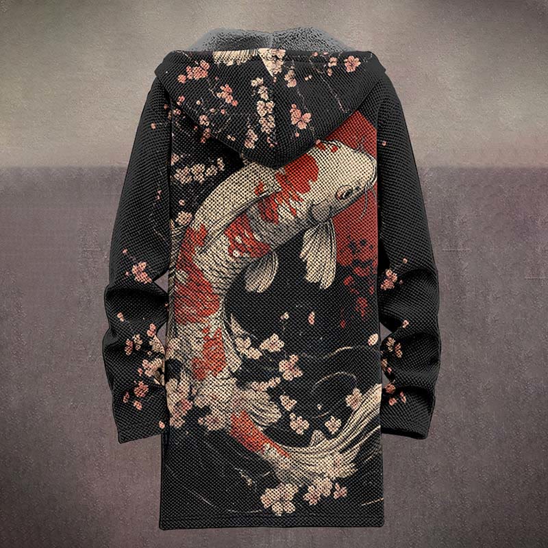 Japanese Watercolor Sakura & Koi Print Unisex Plush Thick Long-sleeved Fleece Jacket Coat - image 4