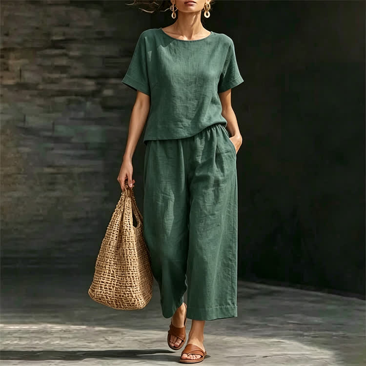 Cozy Solid Loose-fitting Half Sleeve Blouse&wide-leg Pants Set - image 3