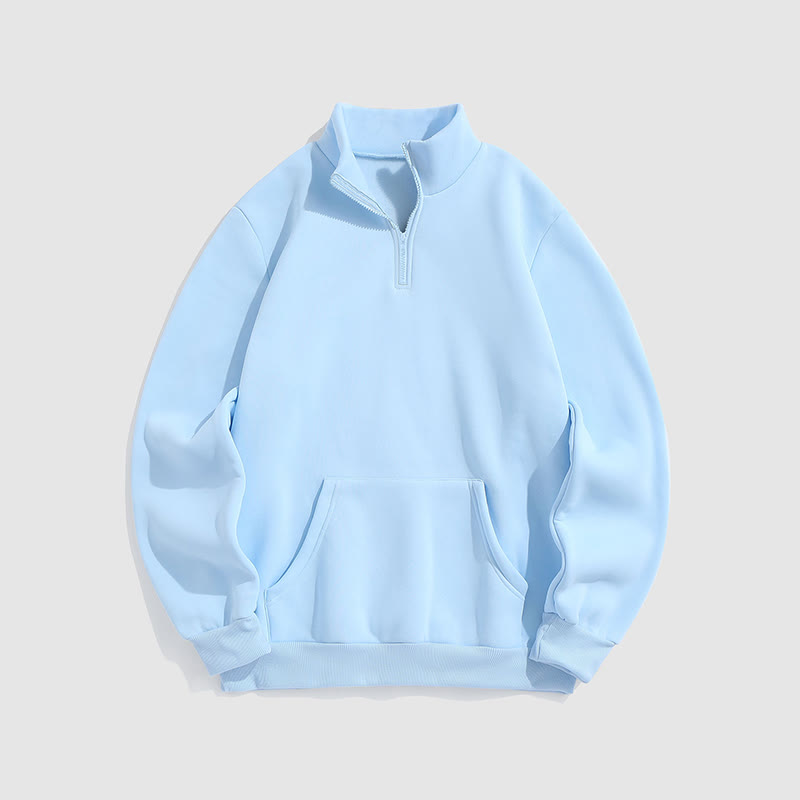 100% Cotton Solid Color Stand Collar Zipper Casual Fleece Sweatshirt - Blue - 2XL - image 15