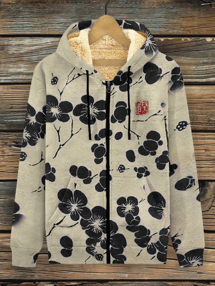 Cherry Blossom Japanese Lino Art Vintage Fleece Jacket