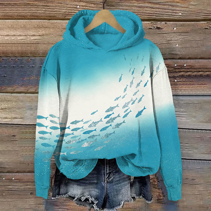 Art School Of Fishes Print Long Sleeve Hoodie - Lake Blue - US44-46(8XL) - image 2