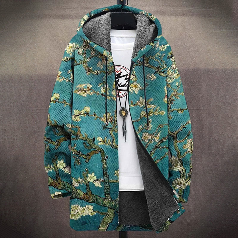 Cyan Retro Personalized Oil Painting Almond Blossoms Art Print Unisex Plush Thick Long-sleeved Fleece Jacket Coat - image 2