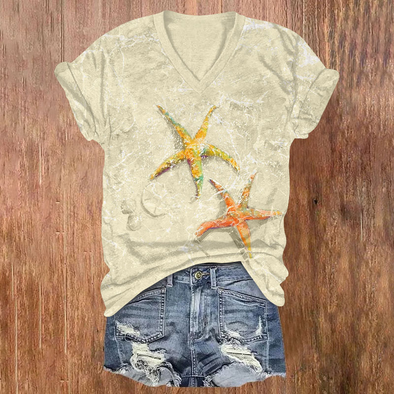 Vintage Cute Starfish Art Print V-neck T-shirt - Khaki - US32-34(5XL) - image 2