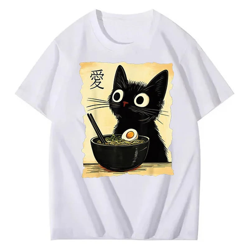 Unisex Funny Cat Eating Ramen Print Short Sleeved Crew Neck T-Shirt - White - 2XL - image 3
