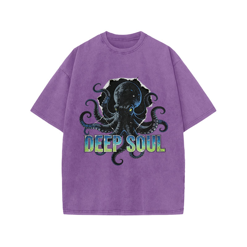 Deep Soul Black Octopus Print Acid Washed T-shirt - Purple - US20-22(3XL) - image 9