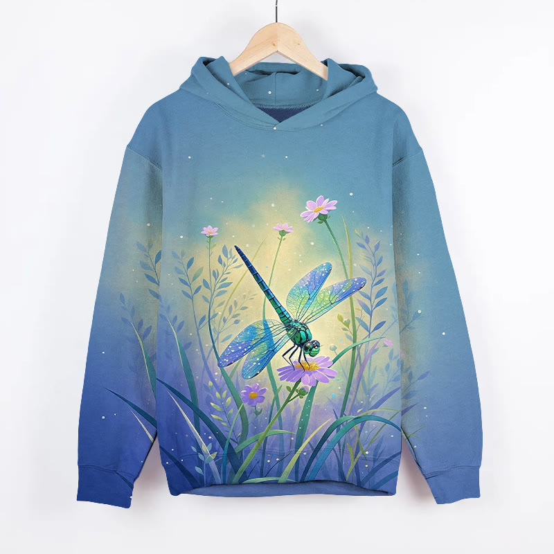 Watercolor Fantasy Dragonfly & Daisy Art Print Long Sleeve Hoodie - Blue - US44-46(8XL) - image 3