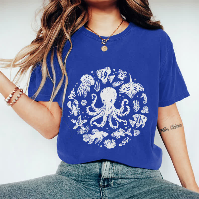 100% Cotton Japanese Cartoon Ocean Animals Art T-shirt - Royal Blue - 2XL - image 3