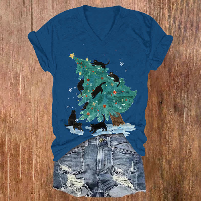 Oil Painting Cats Playing Around Christmas Tree Print V-neck T-shirt - Blue - US32-34(5XL) - image 6