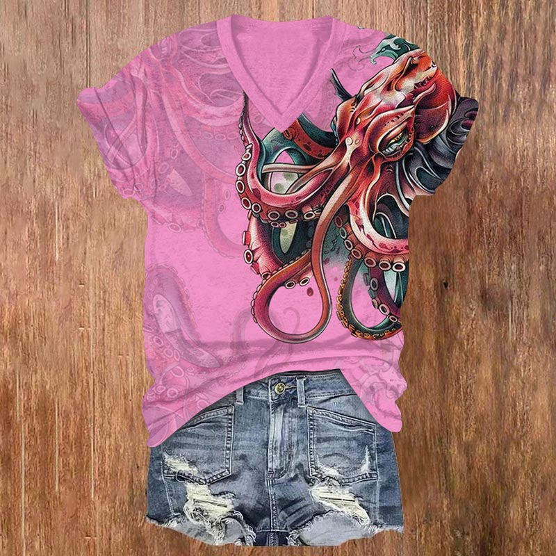 Japanese Vintage Octopus Print V-neck T-shirt - Light Purple - US32-34(5XL) - image 2