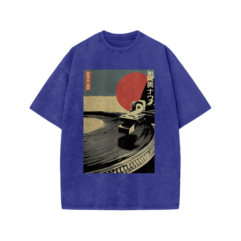 Japanese Vintage Turntable Art Print Acid Washed T-shirt - Blue - US20-22(3XL) - image 8
