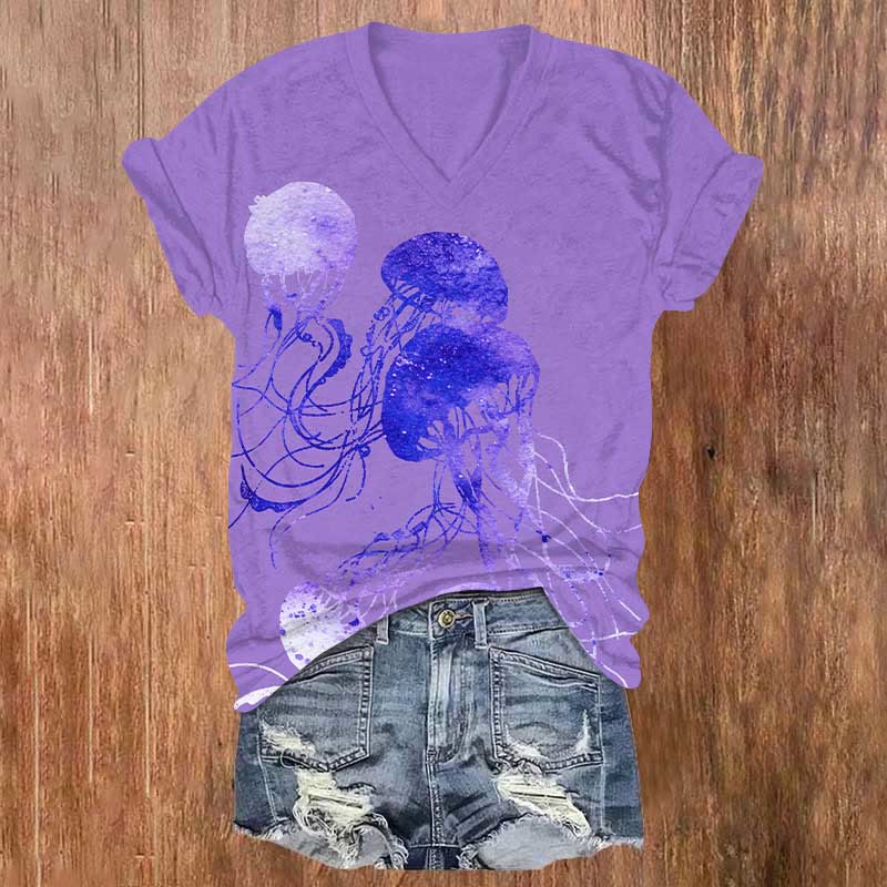Watercolor Jellyfish Graphic Ocean Print V-neck T-shirt - Light Purple - US32-34(5XL) - image 3