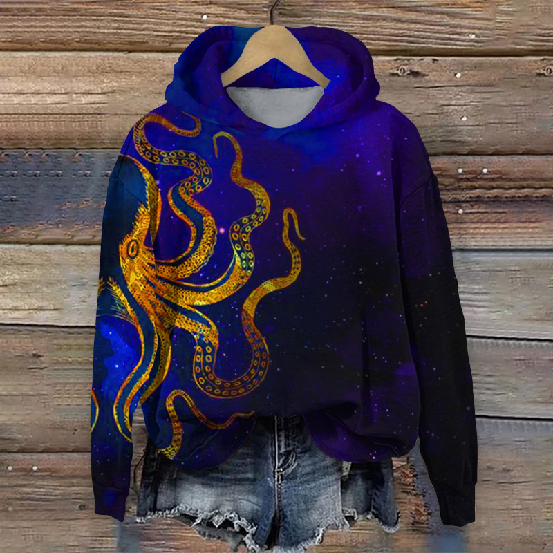 Japanese Octopus Print Casual Long Sleeve Hoodie - Blue - 8XL - image 1