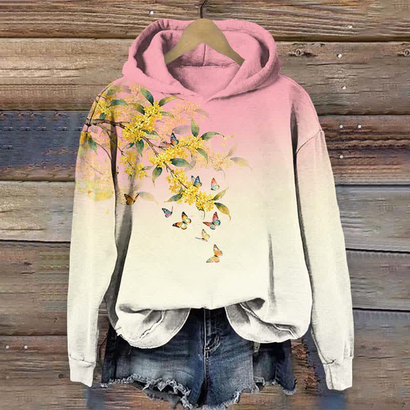 Japanese Vibrant Winter Jasmine & Butterfly Print Long Sleeve Hoodie - Pink - US44-46(8XL) - image 2