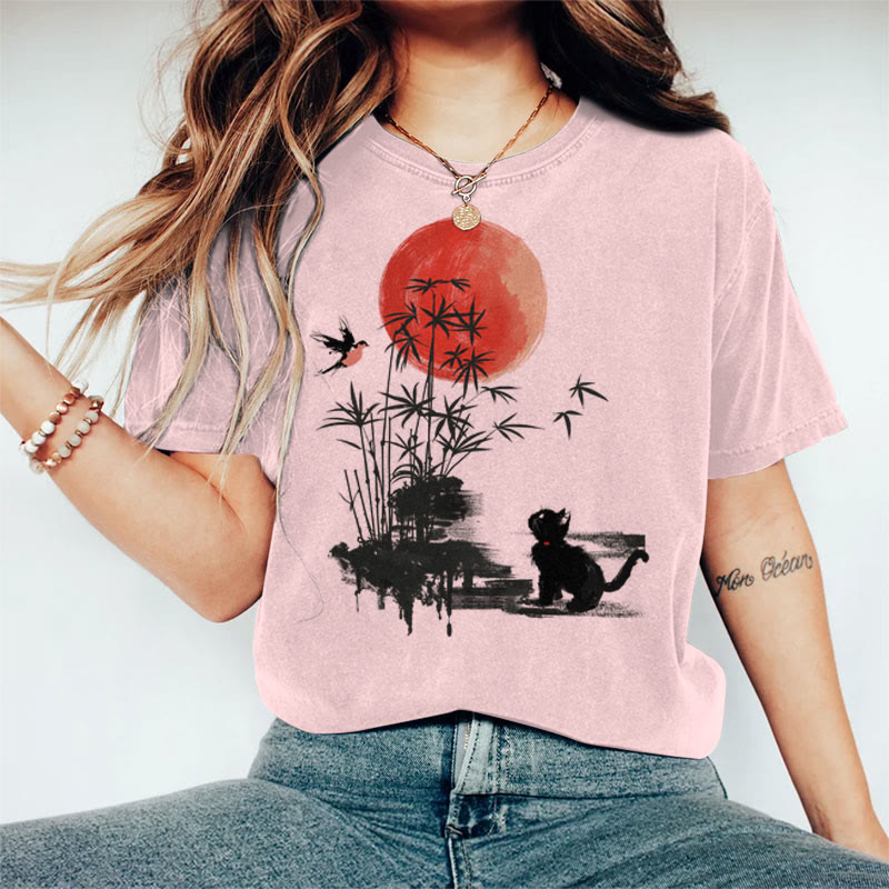 100% Cotton Women's Japanese Ink Watercolor Bamboo & Black Cat Art Print Casual T-shirt - Pink - 2XL - image 3