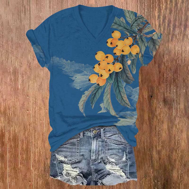 Japanese Watercolor Persimmon Art Print V-neck T-shirt - Blue - US32-34(5XL) - image 3