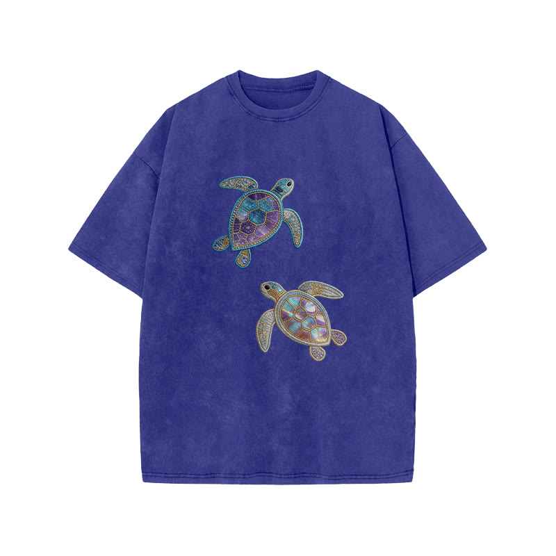 Creative Gemstone Sea Turtle Print Acid Washed T-shirt - Blue - US20-22(3XL) - image 8