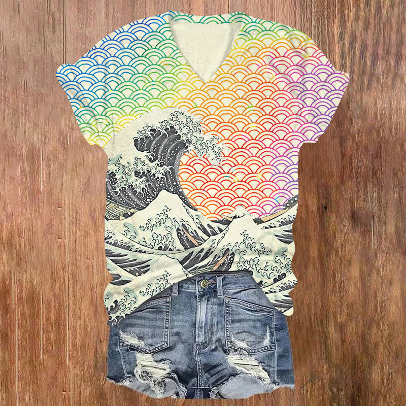 Japanese Style Wave Stitching Rainbow Dyed Waves Print V-neck Short Sleeve T-shirt - Grey - US32-34(5XL) - image 3
