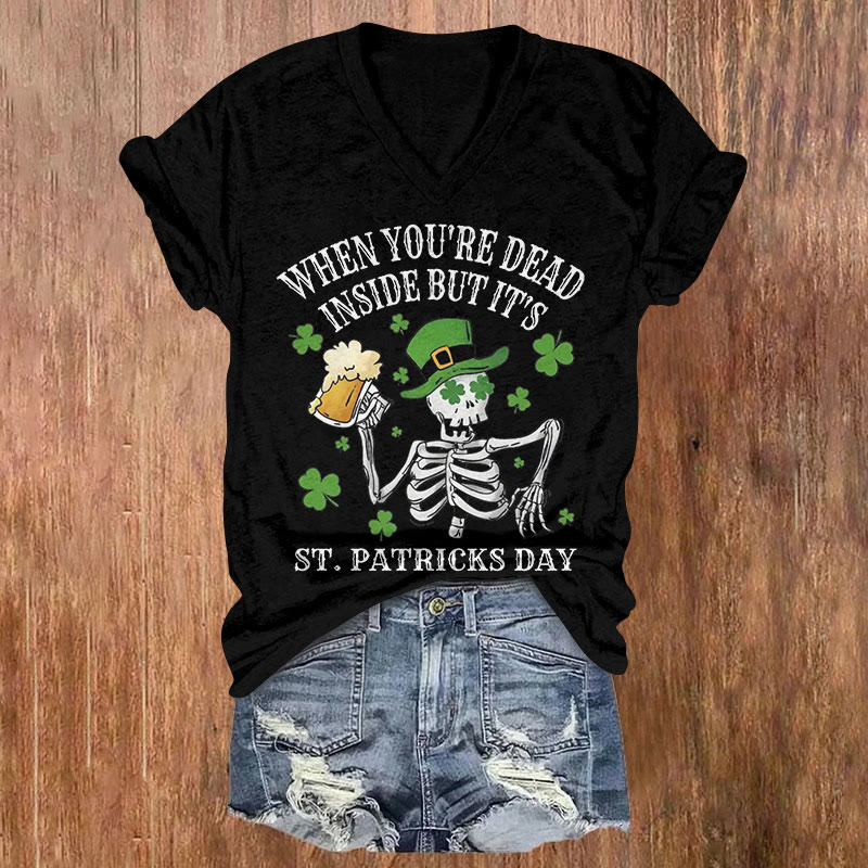 Dead Inside Skeleton  St. Patrick's Day Mode Activated Short Sleeved V-Neck T-Shirt - Black - US32-34(5XL) - image 5