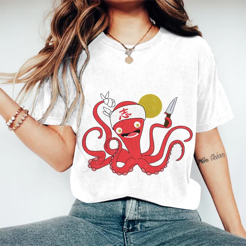 100% Cotton Japanese Funny Octopus Chef Art T-shirt - White - 2XL - image 6