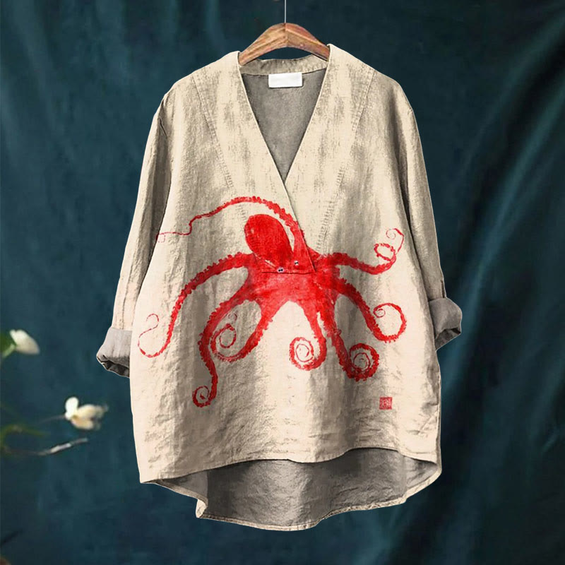 Women's Japanese Watercolor Octopus Art Printed Casual V-neck Blouse - image 2