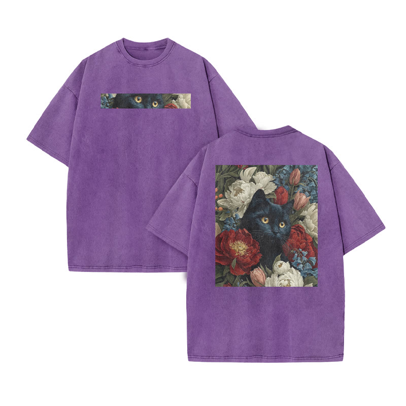 A Black Cat Hidden Among Clusters Of Red-white Peonies Print Acid Washed T-shirt - Purple - US20-22(3XL) - image 9