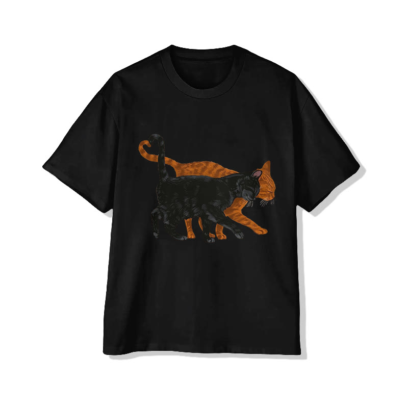 Unisex Black And Orange Cat Love Print Short Sleeved Crew Neck T-Shirt - Black - 2XL - image 5