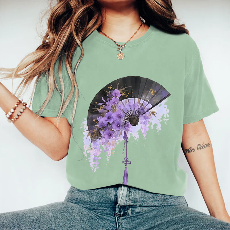 100% Cotton Women's Japanese Style Floral Fan Art Print Casual T-shirt - Green - 2XL - image 5