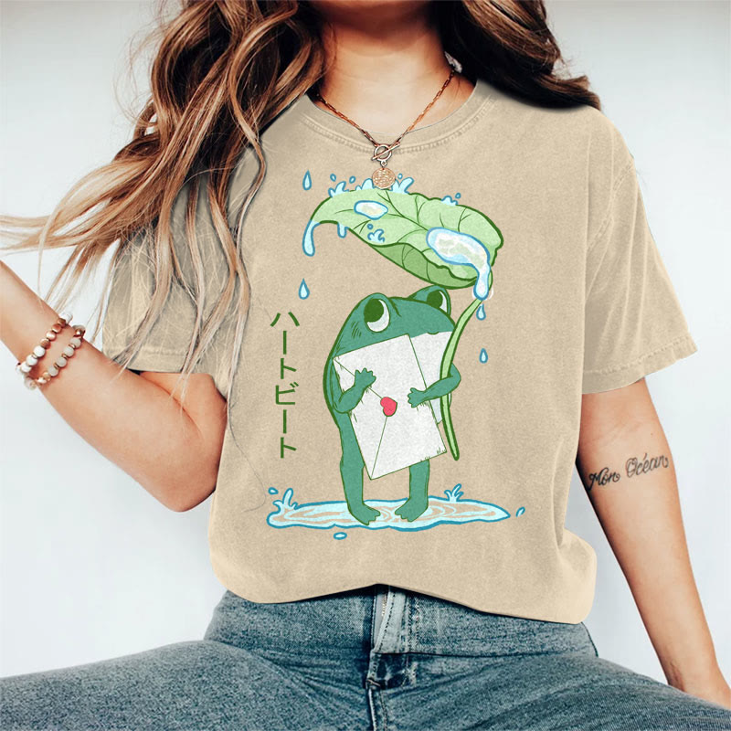 100% Cotton Women's Creative Japanese Frog Holding Letter Art Print Casual T-shirt - Khaki - 2XL - image 5