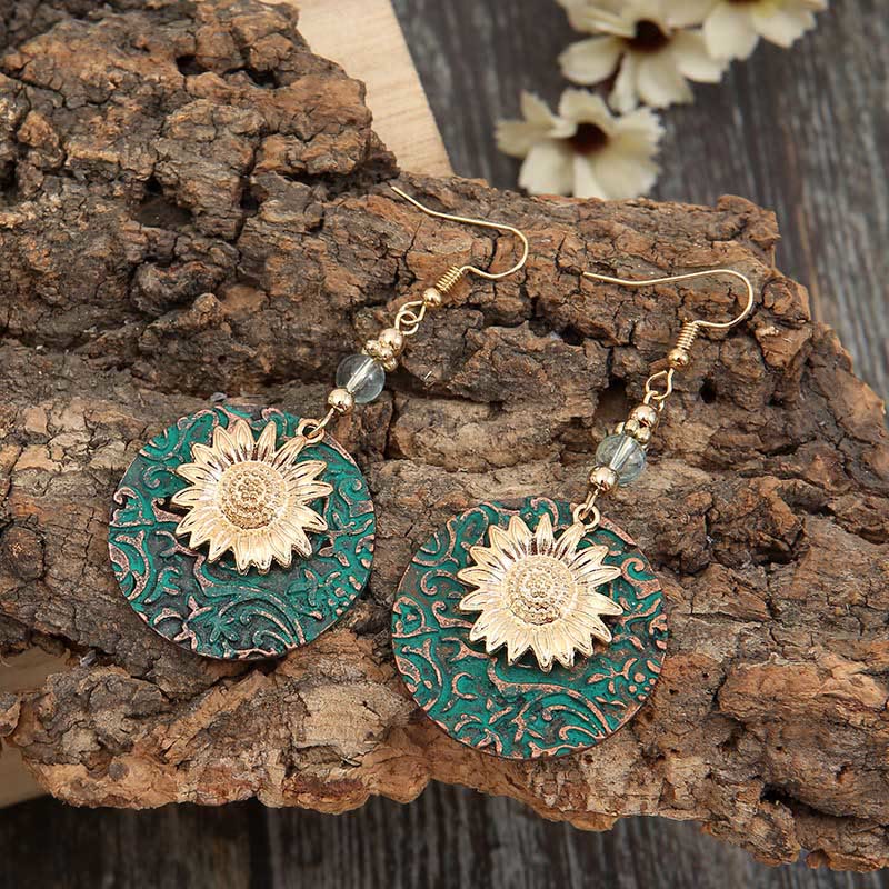 Retro Bohemian Colorblock Double-layer Sunflower Pattern Earrings - image 4