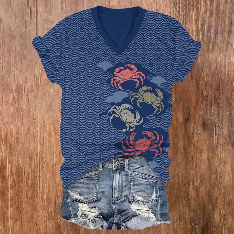 Japanese Style Wave & Crab Art Print V-neck T-shirt - Royal Blue - US32-34(5XL) - image 2
