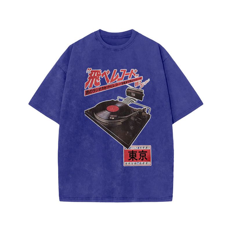 Vintage Japanese Phonograph Print Acid Washed T-shirt - Blue - US20-22(3XL) - image 8