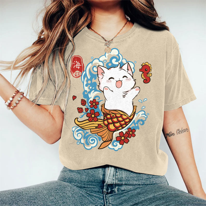 100% Cotton Women's Japanese Sakura White Fish Cat Art Print Casual T-shirt - Khaki - 2XL - image 5