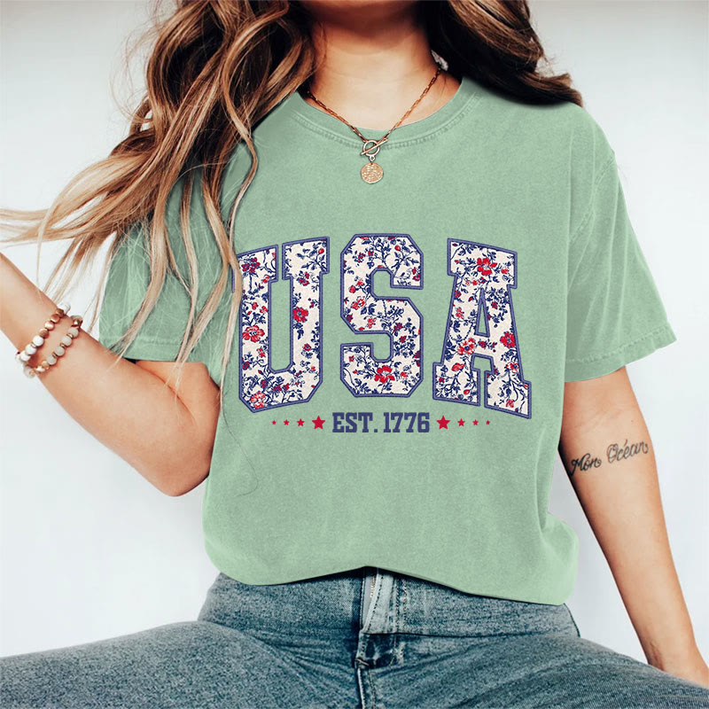 100% Cotton Women's Floral USA Art Print Casual T-Shirt - Green - 2XL - image 6