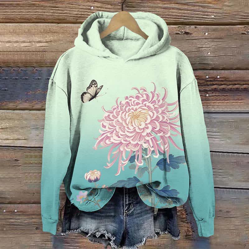 Japanese Vivid Pink Chrysanthemum Art Print Long Sleeve Hoodie - Mint - US44-46(8XL) - image 6