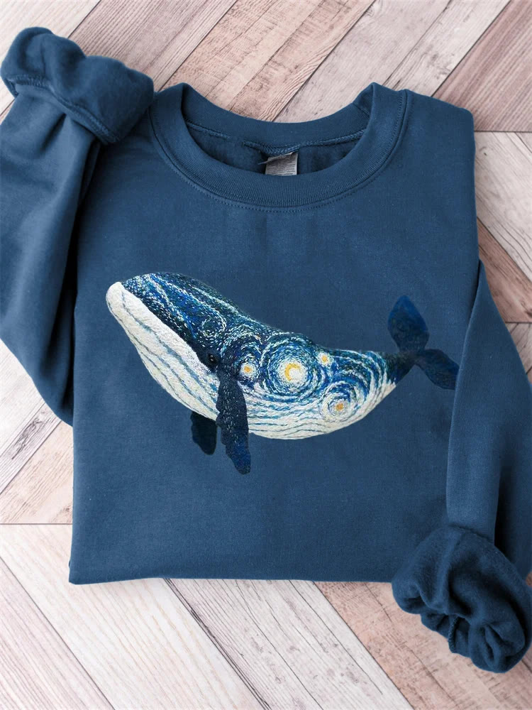 Starry Night Inspired Whale Art Comfy Sweatshirt - Dark Blue - 5XL - image 1