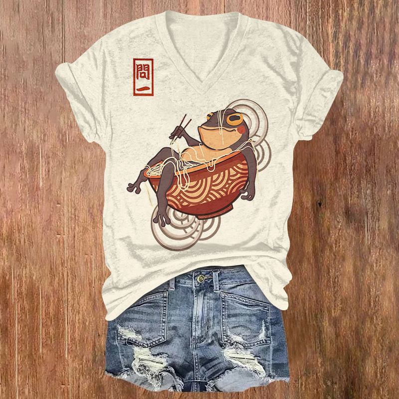 Asian Aesthetic Frog Print Short Sleeved V-neck T-shirt - Beige - US32-34(5XL) - image 1