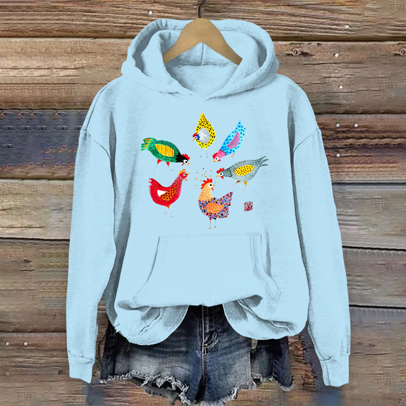 100% Cotton Watercolor Chicken Print Women's Hoodie - Light Blue - 2XL - image 3