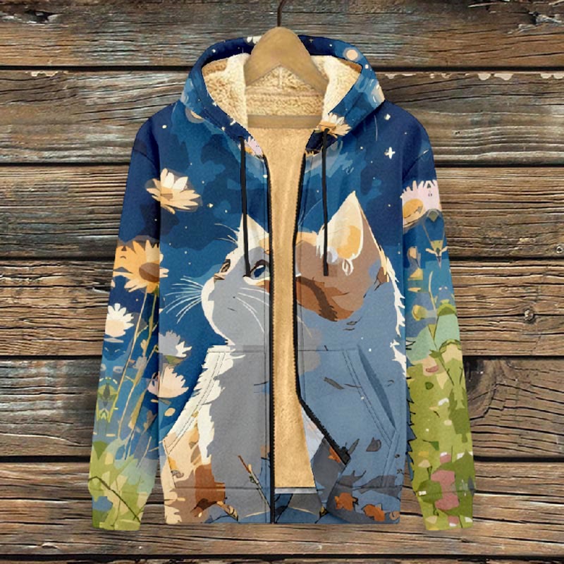 Women's Cute Comics Cat Surrounded By Sunflower Print Fleece Jacket - image 3