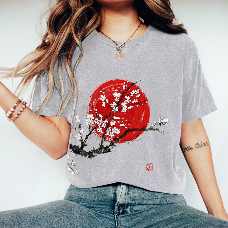 100% Cotton Women's Sunrise Japanese Art Print Casual T-shirt - Grey - 2XL - image 8