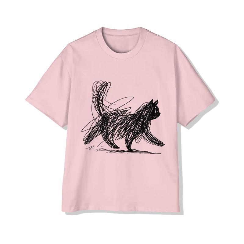 Unisex Black Line Doodle Cat Print Short Sleeved Crew Neck T-shirt - Pink - 2XL - image 5