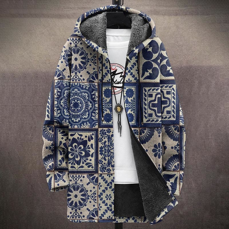 Vintage Blue Ethnic Floral Art Print Unisex Plush Thick Long-sleeved Fleece Jacket Coat - image 2