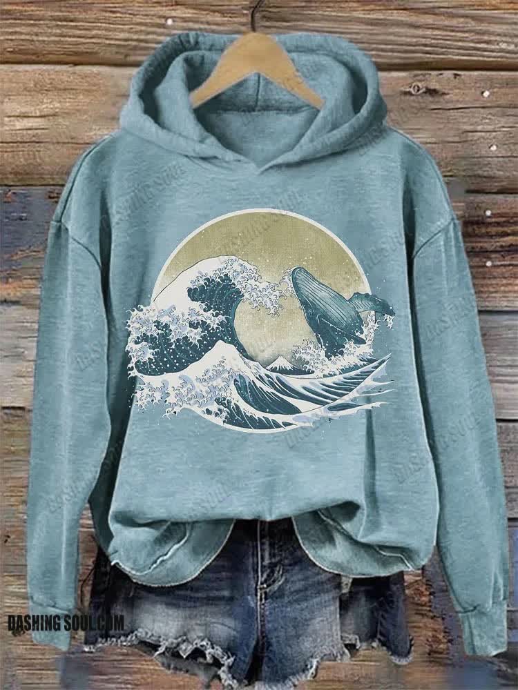 Dashingsoul Whale Breach Japanese Art Vintage Hoodie
