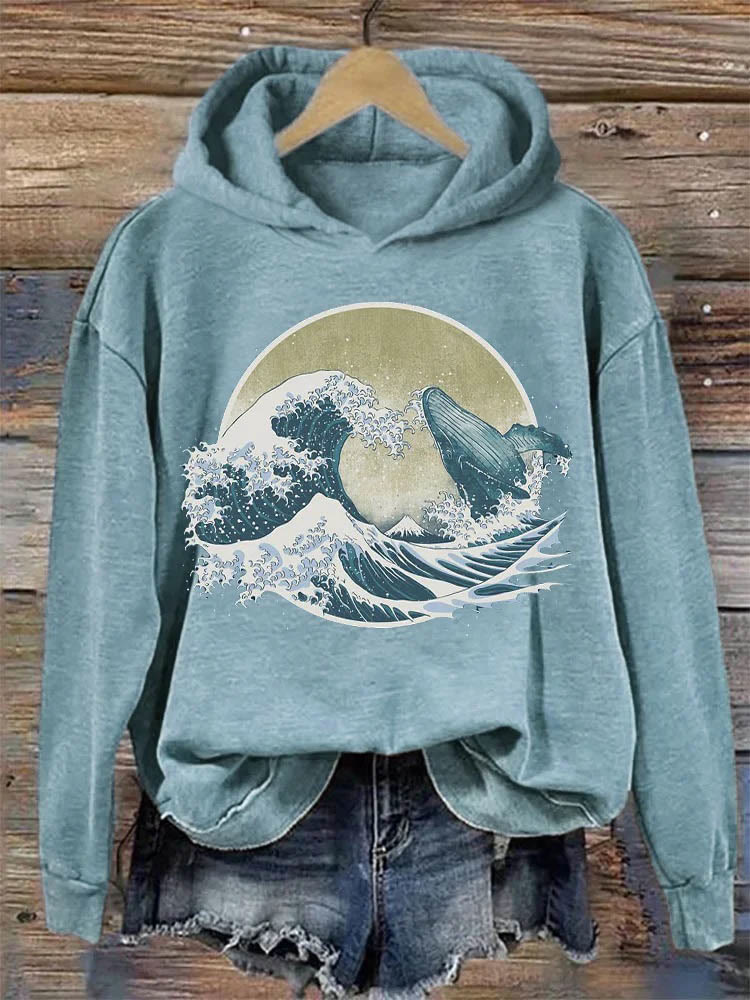 Whale Breach Japanese Art Vintage Hoodie - Light Blue - 8XL - image 1