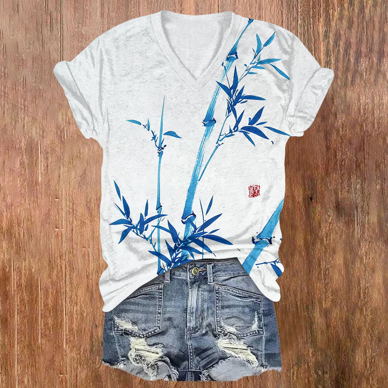 Vintage Simple Zen Bamboo Pattern Print Short Sleeved V-neck T-shirt - Blue - US32-34(5XL) - image 3