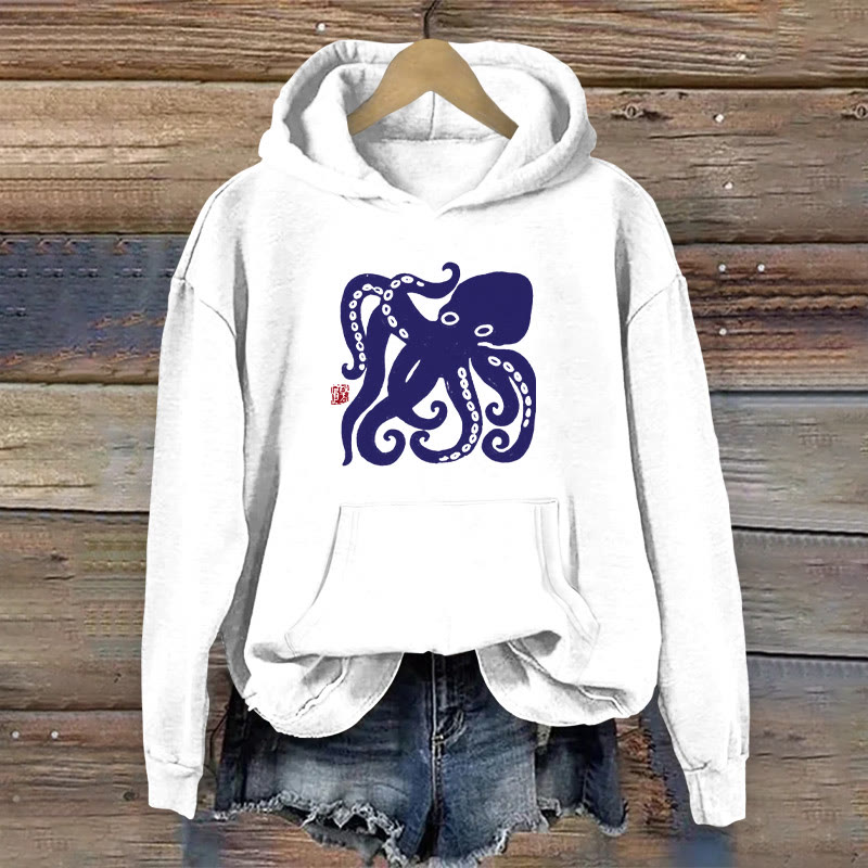 Dashingsoul 100% Cotton Retro Japanese Octopus Print Women's Hoodie